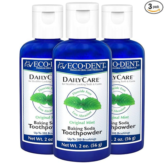 Eco-Dent DailyCare Baking Soda Toothpowder, Mint - Fluoride-Free Toothpaste Powder, SLS-Free Tooth Powder with Baking Soda, Minerals, and Essential Oils, Toothpaste Alternative, 2 Oz Ea (Pack of 3)