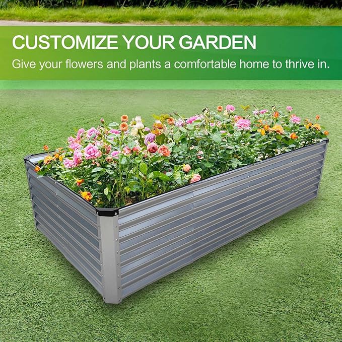 GARDMAX 8x4x2FT Galvanized Raised Garden Bed Kit, Metal Planter Boxes Outdoor with Easy Assembly, Large Garden Bed for Vegetables, Fruits, Flower, Herbs Rectangle Silver