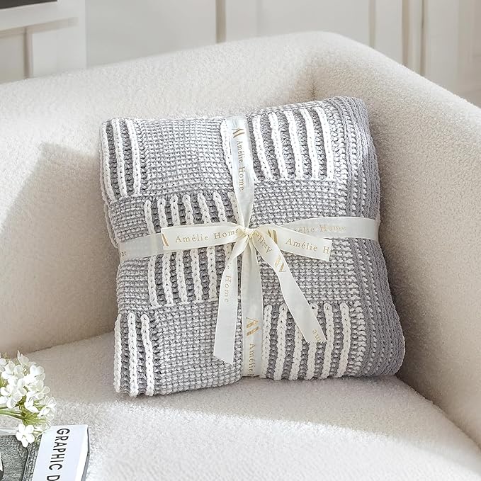 Amélie Home Chenille Knit Throw Blanket for Couch, Checkered Texture Decorative Soft Blanket for Sofa, Bed & Living Room, 50"x60", Grey & White