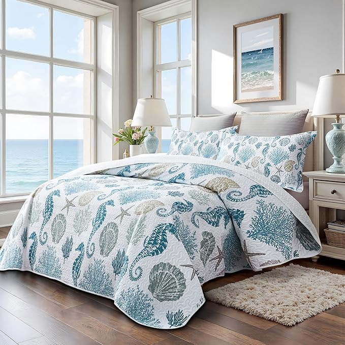 Coastal Bedding Twin Size Coastal Quilt with Shams, Nautical Beach Comforter Sets Ocean Bedspreads Blue Seahorse Coverlet Summer Bedding, 68''x86''