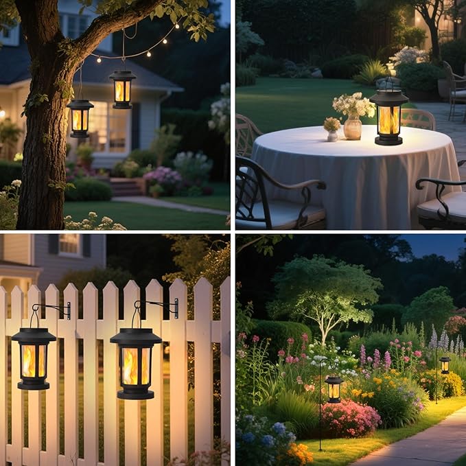 Derynome Solar Lantern Outdoor Lights, 4 Pack Upgraded Flickering Flameless Solar Lights Outdoor Waterproof, Hanging Decorative Lanterns for Yard Patio Path Garden Decor (4)