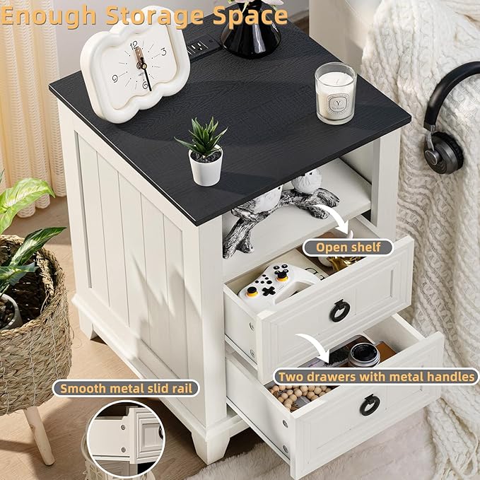 18" Farmhouse Night Stands Set of 2 with Charging Station, 2 Drawers End Table Dresser for Bedroom， Wooden Nightstand, Bed Side Table with Open Shelf, Bedside Cabinet for Living Room（White）