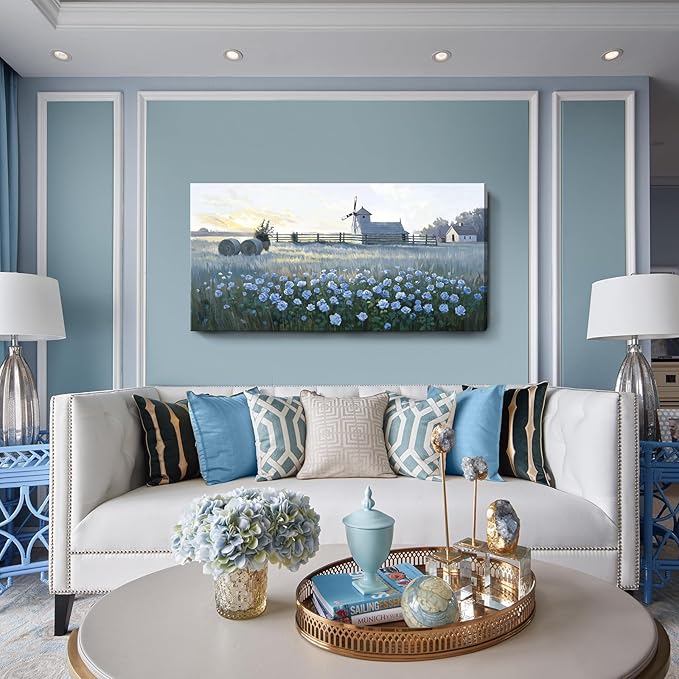 amatop Large Rustic Canvas Wall Art – Farmhouse Blue Rose and Windmill Landscape Picture, Nature Country Floral Sunset Wall Decor for Living Room Bedroom, Countryside Botanical Artwork Print 48x24 Inch