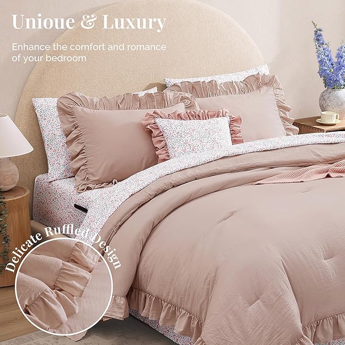 Full Comforter Set - 7 Pieces Ruffle Pink Bedding Sets, Shabby Chic Farmhouse Bed in a Bag Full with Ruffle Comforter, Floral Sheets, Pillowcases & Shams