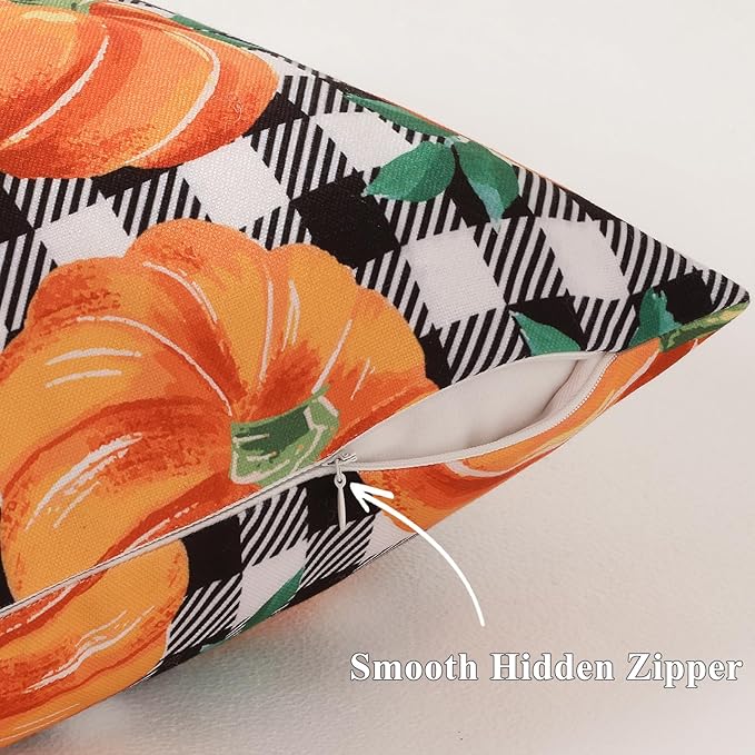 decorUhome Fall Orange Pumpkin Decorative Throw Pillow Covers 16x16 Set of 2, Buffalo Plaid Check Farmhouse Cushion Covers for Autumn Harvest Couch Sofa Bed Home Decor