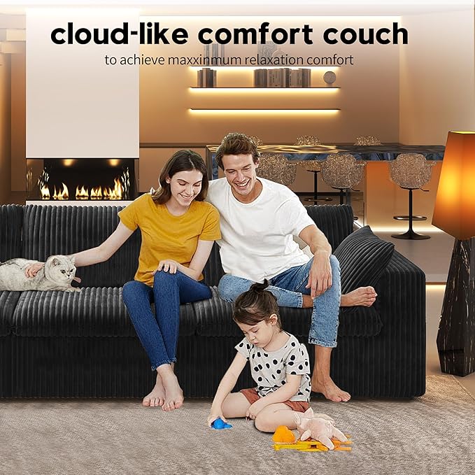 118" 3-Seater Cloud Sofa,Modular Sectional Couch,Modern Deep Seat Upholstered Couches with Plush Corduroy Fabric for Living Room Furniture,Bedroom and Apartment,No Assembly Required,Black