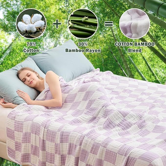 EMME Checkered Cotton Blanket Twin Large 60"x80" 100% Muslin for Couch Breathable Cooling Gauze All Season Soft and Lightweight (Lavender)