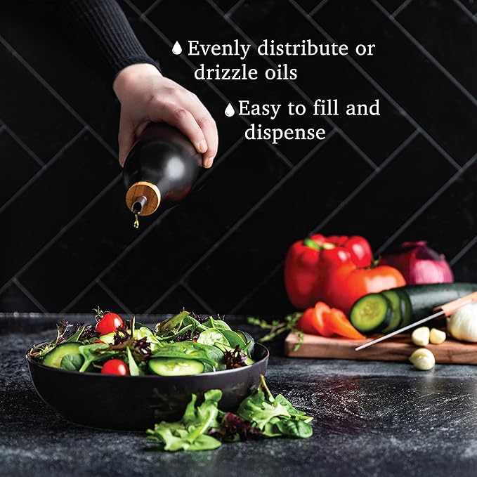 Black Ceramic Olive Oil Dispenser Bottle 16 Oz Container for EVOO or Vinegar, Kitchen Counter Design