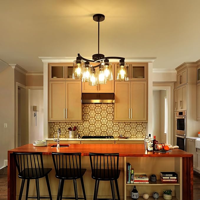 6 Light Modern Farmhouse Chandelier，Black Dining Room Light Fixture，Kitchen Pendant Lights Over Island with Glass Shade