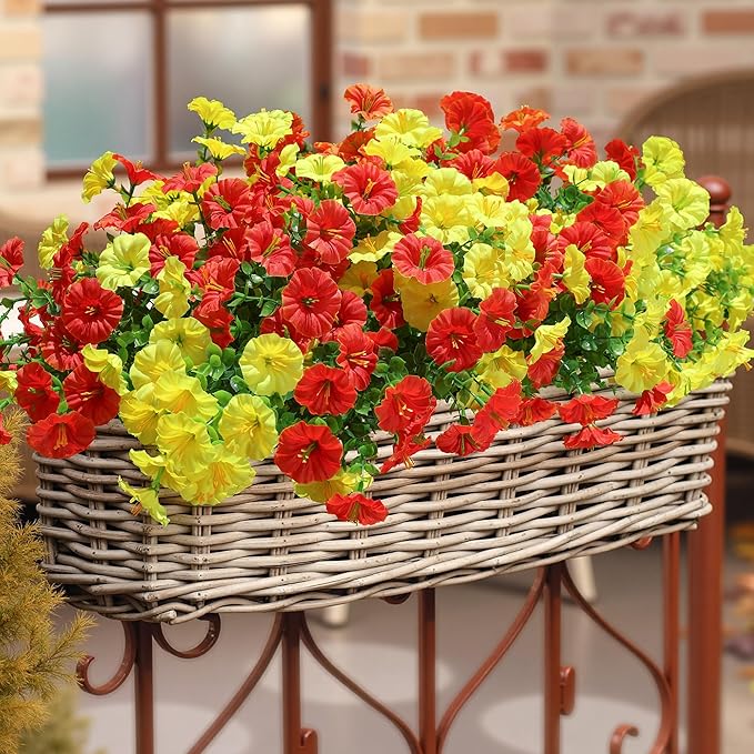 Artificial Mums for Outdoors Fake Fall Flowers Plants for Autumn Decoration, 12 Bundles Silk Morning Glory with Eucalyptus Look Real UV Resistant Faux Mums for Outside Planters Yard Patio Porch, Mix