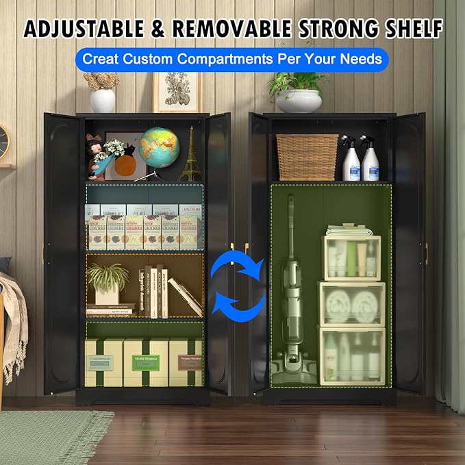 60" Tall Kitchen Pantry Cabinet, Metal Pantry Cabinet with Doors and Adjustable Shelves, Black Utility Storage Cabinet with Handles for Dining Room, Bathroom, Laundry Room - Assemble Required