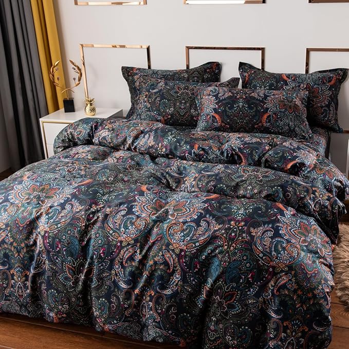 ABREEZE Luxury Vintage Black Duvet Cover Sets Damask Paisley Bedding Set Retro 100% Brushed Cotton Zipper Closure Bedding Collection Queen Size