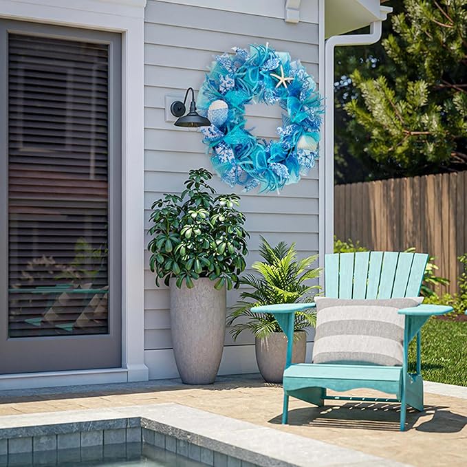 24 Inch Coastal Seashell Large Wreath with Natural Starfish & Scallops Shell, Blue Beach Style Front Door Wreath with for Spring Summer, Farmhouse Rustic Indoor Outdoor Home Wall Wedding Decor