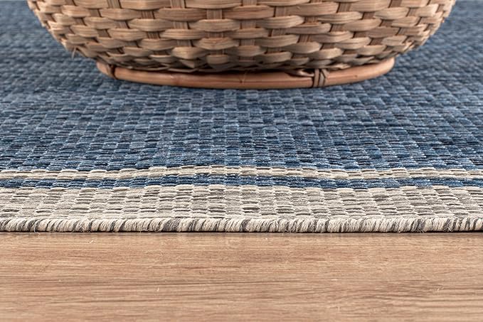 CAMILSON Outdoor Rug, 5x7 Bordered Navy Blue Gray Modern Area Rugs for Indoor and Outdoor Patios, Porches Waterproof Washable Porch Deck Outside Carpet (Bordered Navy, 5 x 7)