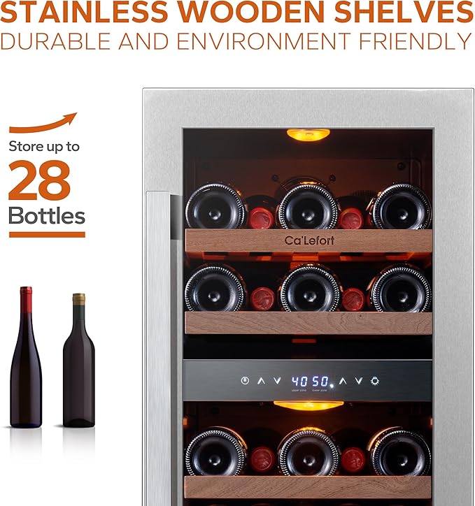 Ca'Lefort 15 Inch Wine Fridge, 28 Bottle Wine Cooler Refrigerator, 40-65°F Wine Refrigerator Glass Door, 3 LED Dual Zone Wine Fridge, Built-in or Freestanding Fridge for Home/Bar/Kitchen (3.0 cu.ft)