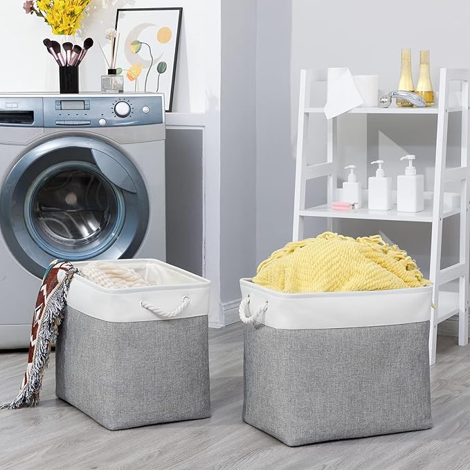 Bidtakay Large Storage Bins for Clothes Fabric Deep Baskets for Organizing Set of 2 Grey Fabric Pantry Storage Bins for Hallway Living Room Blankets 17x12x15 in Extra Large Shelf Tote Baskets