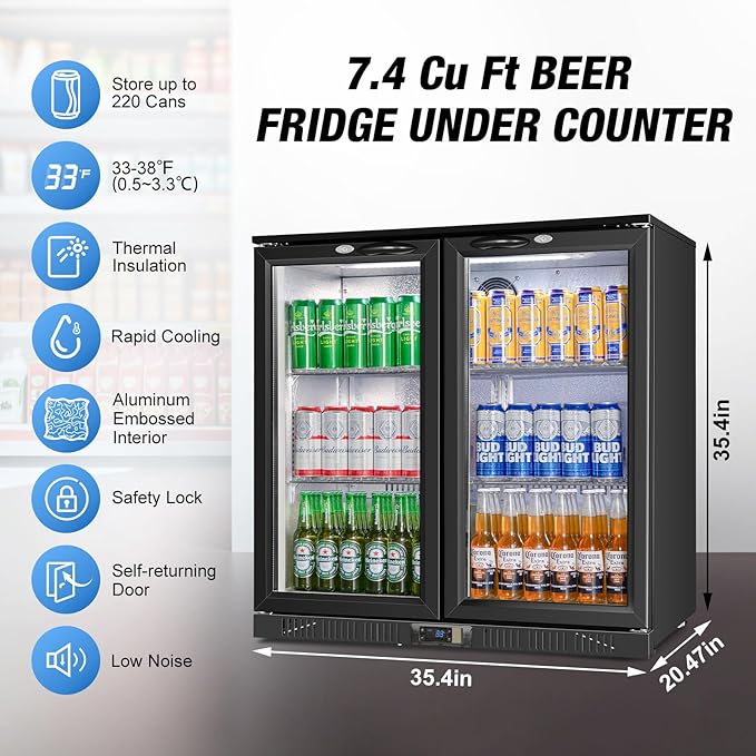 Beverage Refrigerator Under Counter, Back Bar Cooler with 2 Glass Door, Commercial Display Fridge 35.42 Inch Wide 7.4 Cu.Ft, Drink Fridge for Beer Soda Wine, Beverage Cooler for Kitchen Shop Bar