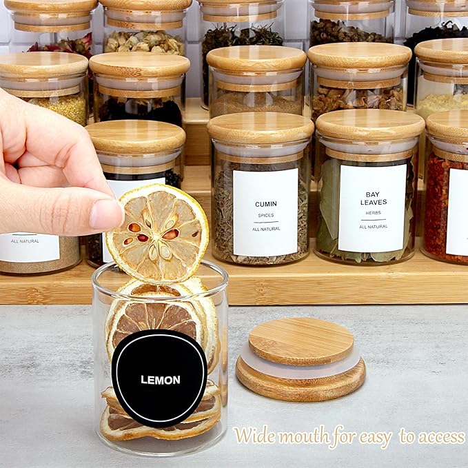 4OZ Glass Spice Jars with Bamboo Lids and 315 Labels, 20 Pcs Clear Food Storage Containers for Kitchen Sugar Salt Coffee Tea Beans