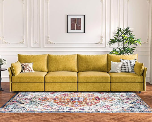134.6" Modular Sectional Sofa, Oversized 4 Seater Couch with Removable Yellow Chenille Fabric Cover, Deep Seat & High Backrest for Living Room, Office & Apartment
