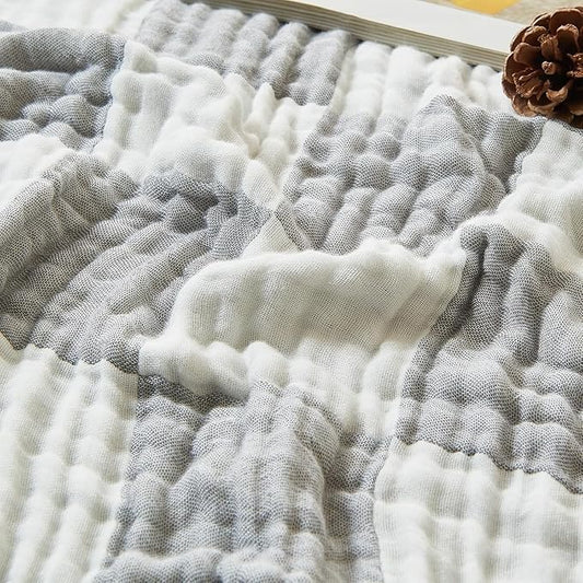 EMME Checkered Cotton Blanket Twin Large 60"x80" 100% Muslin for Couch Breathable Cooling Gauze All Season Soft and Lightweight Pre-Washed (Light Grey)