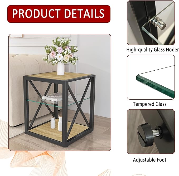 Farmhouse End Table Set of 2, Modern Side Table with 3-Tier Storage Shelf, Square Rustic Nightstand, Accent Tea Table, for Bedroom Office Living Room, Brown, Natural Wood, Glass, Metal