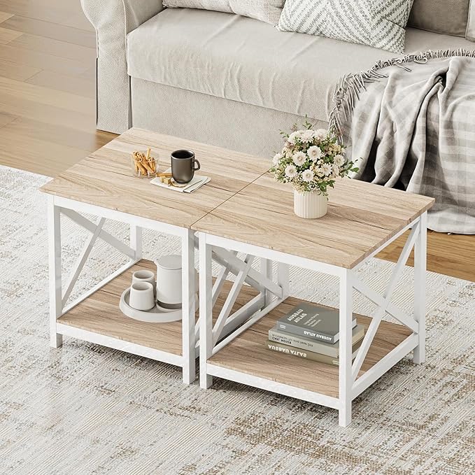 ChooChoo End Table, 24 Inch End Table with 2-Tier Storage Shelf, Side Table for Living Room, Wood Nightstand for Bedroom, Office, Oak