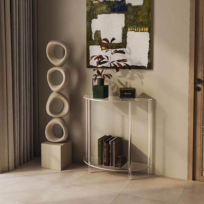 Acrylic Console Table, Half Moon, 29.5" Small Entryway Table, Clear Entry Table for Sofa, Foyer, Hallway, Living Room, Easy Assembly, 2 Tier, 11.8" D x 31.5" H