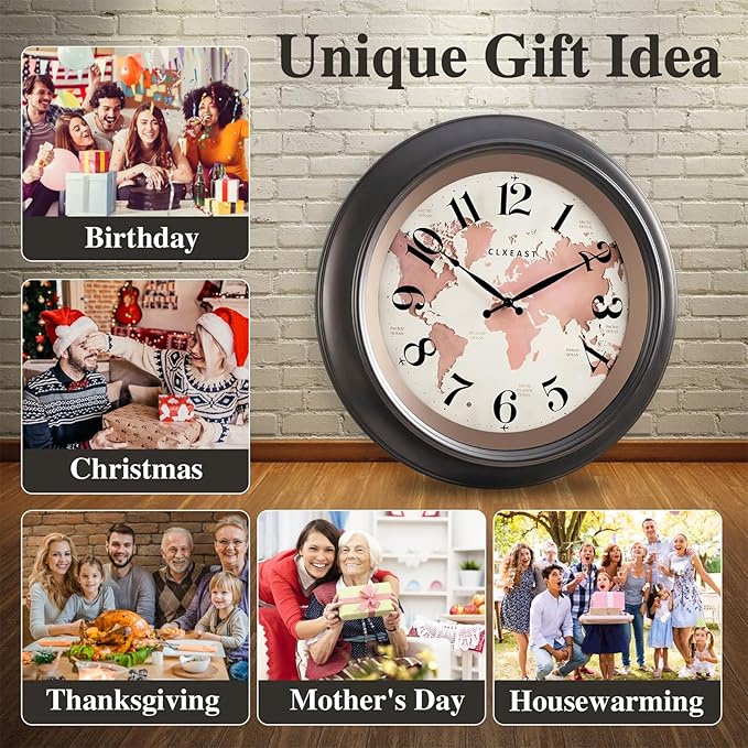 CLXEAST 18 Inch Illuminated Wall Clock with Smart LED Light Sensor, Large Modern World Map Wall Clocks for Living Room Decor,Oil Rubbed Bronze,Unique House Warming Gifts