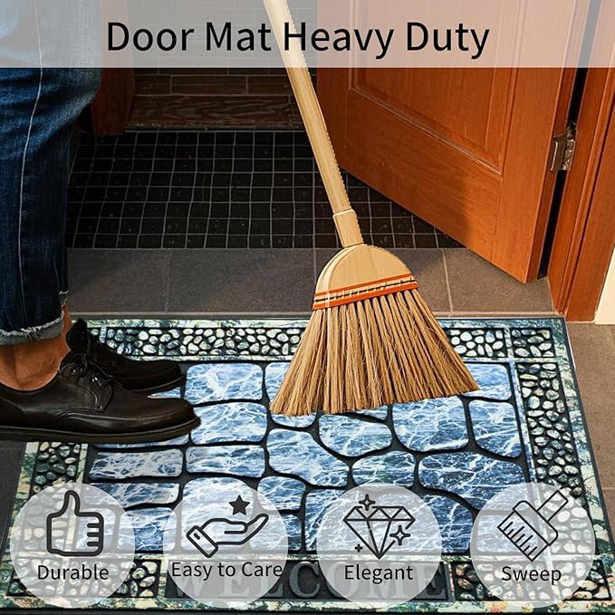 Door Mat Welcome Mat, Heavy Duty Door Mat 23.6 x 35.4 Inch Front Door Mat Rug Doormat for Outdoor Entrance Home Non-Slip Rubber Rug for Front Door, Outside, Entryway, Patio (Blue Welcome)