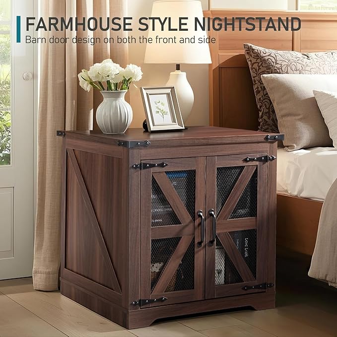 Farmhouse End Table Set of 2, 24" Large Sofa Side Table with Charging Station, Mesh Barn Door, Rustic Wood Nightstand with Adjustable Storage Shelf, Square Nightstand for Living Room