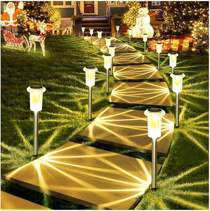 DenicMic Solar Lights Outdoor 10 Pack Waterproof 3000K Warm White LED Acrylic lamp Head Stainless Steel Stake for Landscape Lighting Path Walkway Sidewalk Backyard Patio Decor