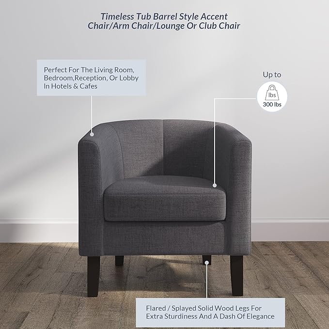 BELLEZE Living Room Chair, Linen Round Accent Barrel Chair, Club Tub Sofa Chair for Bedroom, Corner Chair with Flared Legs and Cozy Soft Padding - Highland (Gray)