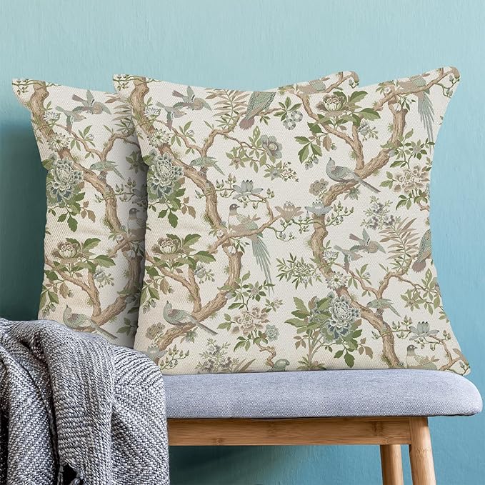 CXMEIFLY Chinoiserie Spring Pillow Covers 16 x 16 Inch Set of 2 for Sage Green Blue Vintage Flowers Bird Decor Throw Pillows Plant Farmhouse Outdoor Decorative Cushion Cases for Couch Bed Decorations