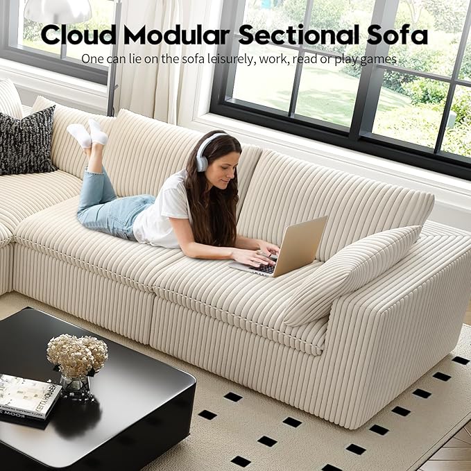 157.5" Cloud Couch Modular Sectional Sofa for Living Room,Modern Sofa with Deep Seat，L-Shape Boneless Couch with Ottoman,Comfy Upholstered Corduroy Couches for Apartment, Studio, Office,Bedroom，White