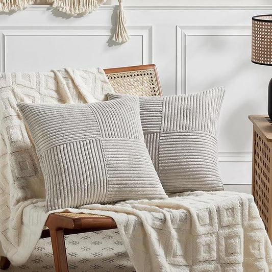 Fancy Homi 2 Packs Neutral Grey Decorative Throw Pillow Covers 18x18 Inch for Living Room Couch Sofa, Rustic Farmhouse Boho Home Decor, Soft Corss Corduroy Patchwork Textured Square Cushion Case 45cm
