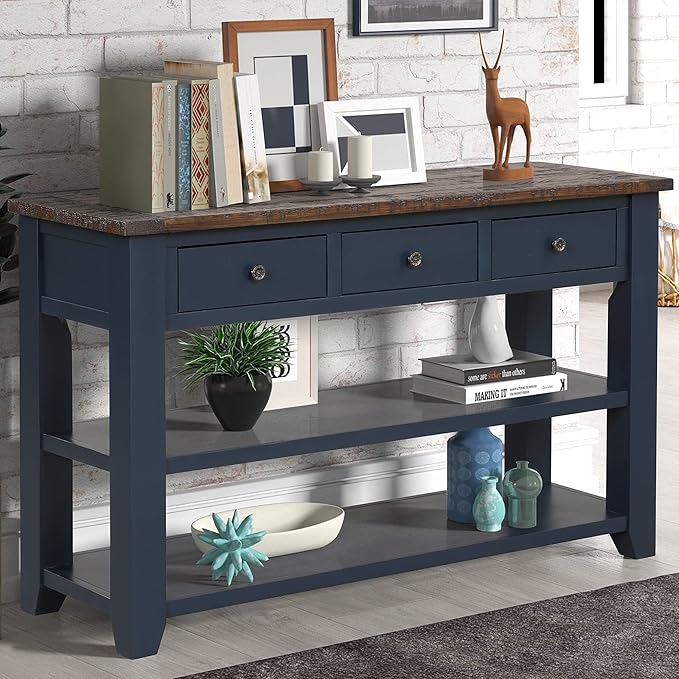 Farmhouse Wood Entry Console Table 48-Inch Modern Sofa Entryway Table with Drawers and Storage Shelves for Entrance Living Room (Blue)