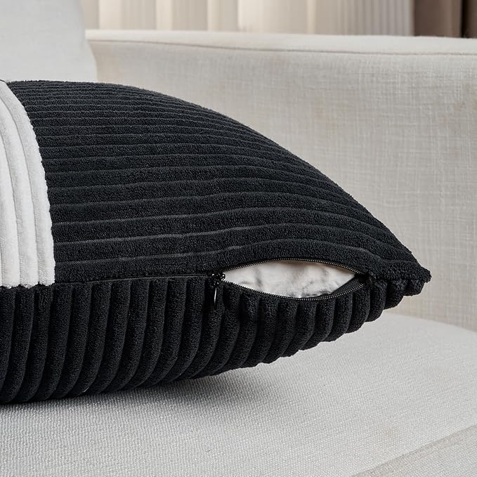 Fancy Homi Set of 2 Black White Decorative Throw Pillow Covers 20x20 Inch for Living Room Couch Bed Sofa, Farmhouse Boho Home Decor, Soft Cross Corduroy Patchwork Accent Square Cushion Case 50x50 cm