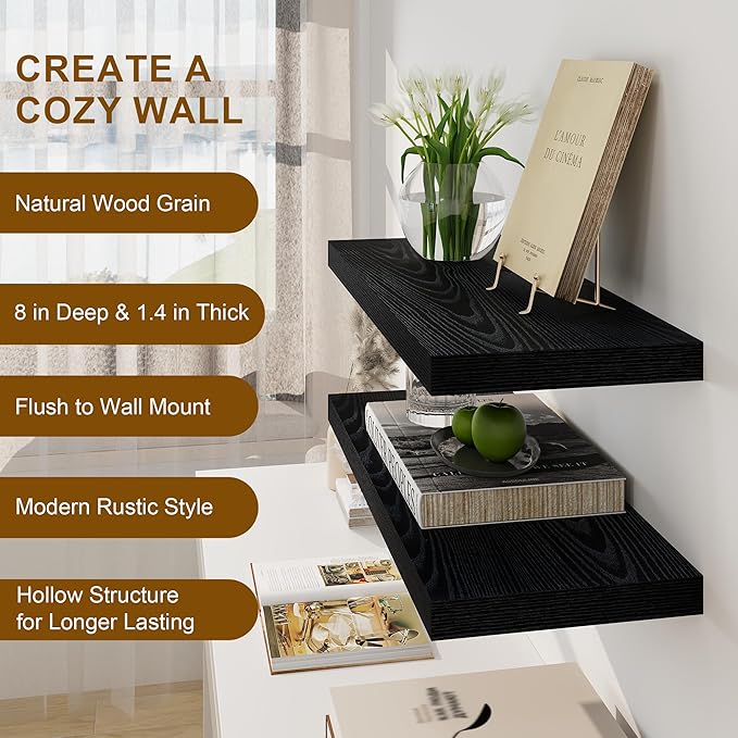 Fun Memories Black Floating Shelves 36 Inch Long, 8 Inch Deep Floating Shelf for Wall, 36" W x 8" D Wall Shelves Set of 2, Black Deep Floating Shelves for Bedroom, Living Room, Kitchen