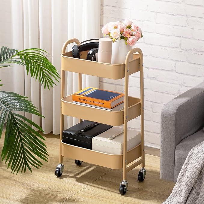 AGTEK Makeup Cart, Movable Rolling Organizer Cart, 3 Tier Metal Utility Cart with Lockable Wheels for Home & Office, Golden