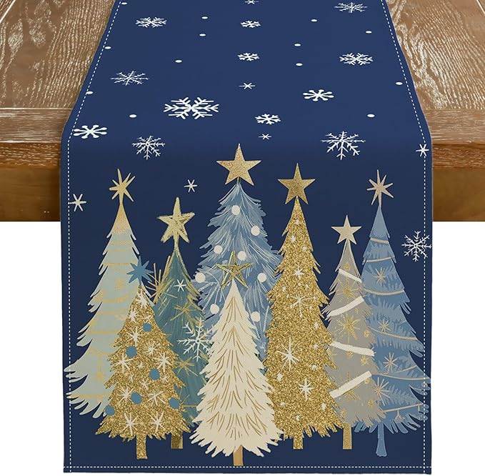 GEEORY Christmas Table Runner 13x108 Inch, Xmas Trees Snowflakes Holiday Decorative Farmhouse Table Decoration for Kitchen Dinning, Indoor Outdoor Dinner Party Decor (Blue) GT151-108