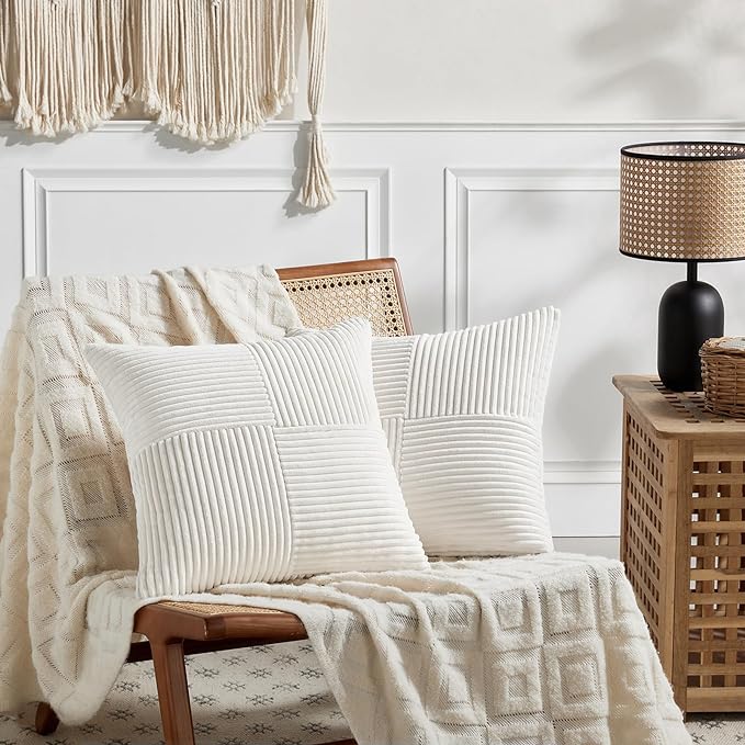 Fancy Homi 2 Packs Cream White Big Decorative Throw Pillow Covers 24x24 Inch for Living Room Couch Bed, Farmhouse Boho Home Decor, Soft Corss Corduroy Patchwork Accent Square Cushion Case 60x60 cm