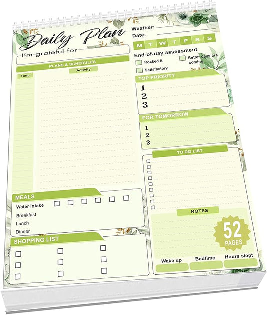 Daily Plan Notepad, 52 Sheets 8.5" X 11.5" Daily for To-Do Lists, Habit Tracking, Academic Scheduling, and Productivity Goals - Perfect for Work, Home, and Office Organization| Tropical Green Floral