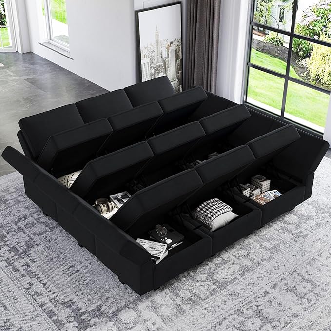 Belffin Modular Sectional Sofa with Ottomans Velvet Reversible Sleeper Chaise Bed Storage Seat Black
