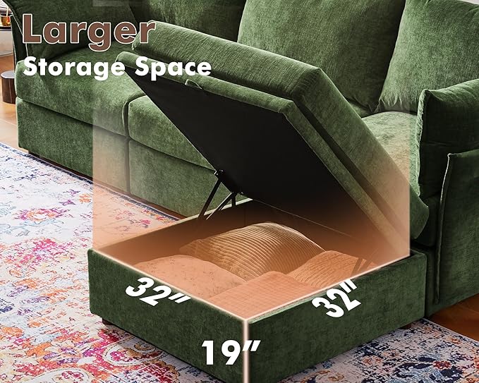 134.6" Luxury Modular Sectional Convertible Sofa with Storage Ottoman, L-Shape 5-Seat Oversized Comfy Couch Deep Seat with Reversible Chaise - Chenille Green