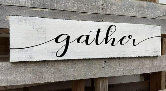 Gather Signs for Home Decor White, Rustic Farmhouse Dining Room Decor Wood Wall Hanging Plaque Gather Wall Decor for Living Room Kitchen Signs 4x16 Inch