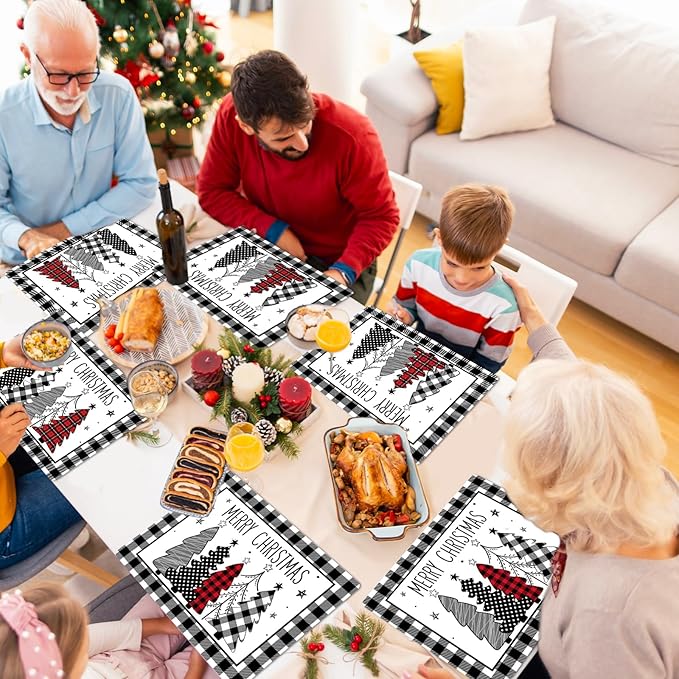 Christmas Placemats Set of 6 Christmas Tree Plastic Table Mats Xmas Trees Black and White Buffalo Plaid Place Mats Winter Holiday Table Decoration for Indoor Outdoor Party Kitchen Dining