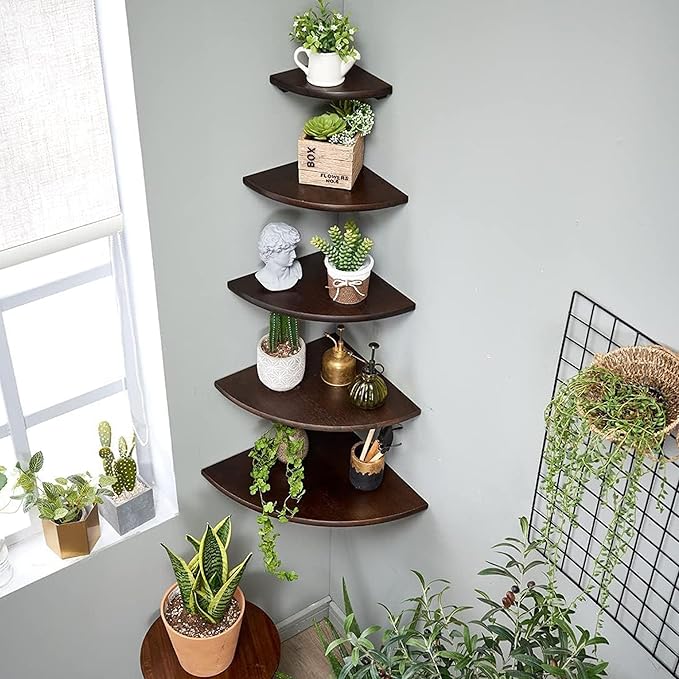 Corner Shelves, Floating Corner Shelf, Set of 2 Solid Oak Wood Wall Shelves, Round End Wall Mount with Wire Hole Shelving for Small Plant for Bedroom Kitchen, Living Room Walnut 8.7”