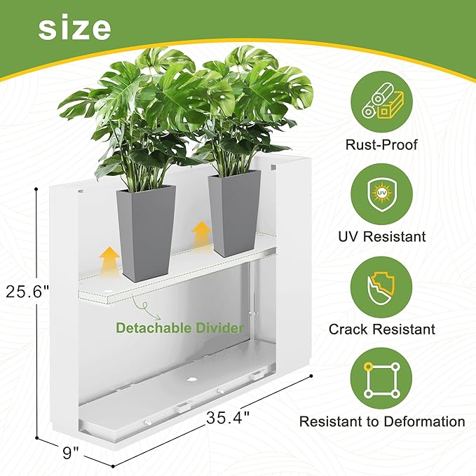 FENCY Metal Rectangular Planter Box Large Planters for Outdoor Plants, Tall Planters for Outdoor Plants with Drainage Holes, Rectangular Planters for Outdoor Plants (35.4" L x 9" W x 25.6" H,White)