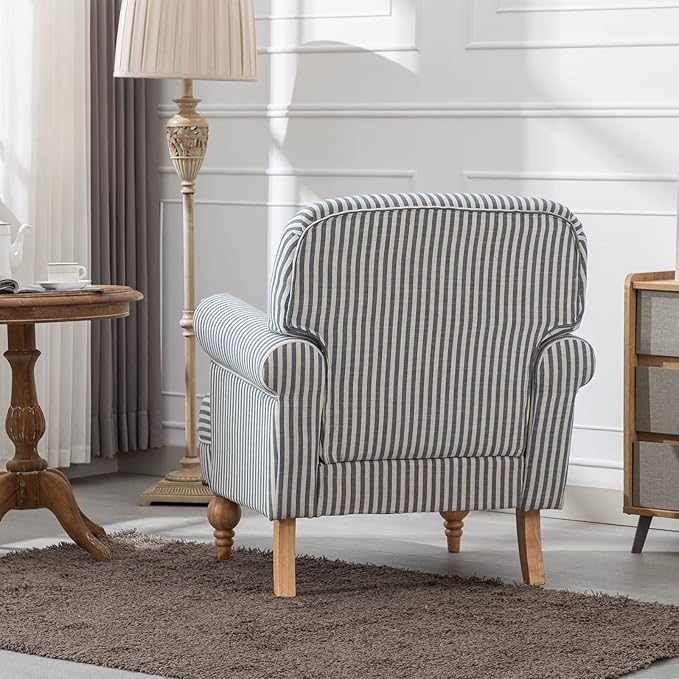chairus Linen Accent Chair for Living Room Set of 2 Upholstered Mid Century Modern Single Sofa Chair with Solid Wood Legs Comfy Reading Armchair for Bedroom/Office Room/Recption/Lounge, Blue Stripe