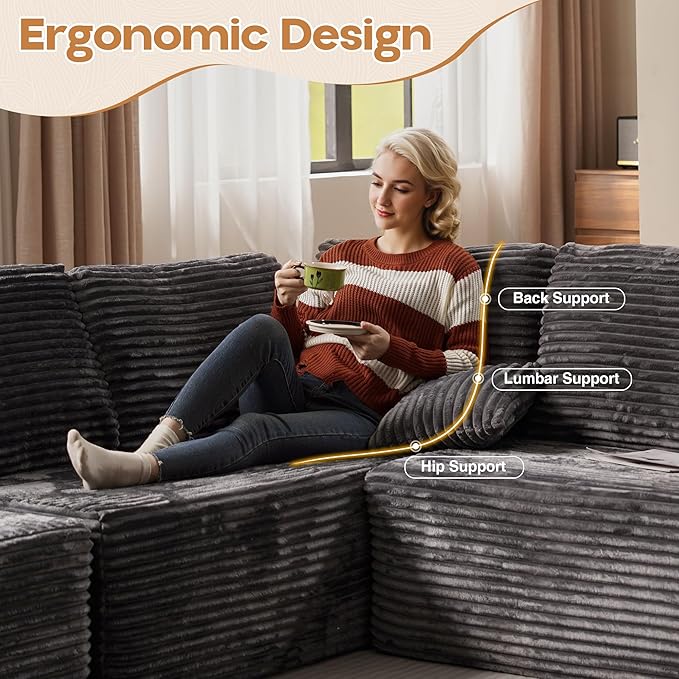 Cloud Sectional Couches for Living Room,U Shaped Modular Sofas No Assembly,135x79 Inches Plush Corduroy Oversized Floor Couch Set with Deep Seat Chaise,Grey